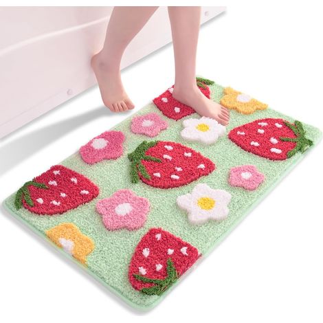 Grüner Badteppich, erdbeerfarbene Badematte, rutschfeste, waschbare Badematte, bunte Badematte, weiche Mikrofaser-Duschmatte, 50 x 80 cm (1/5)