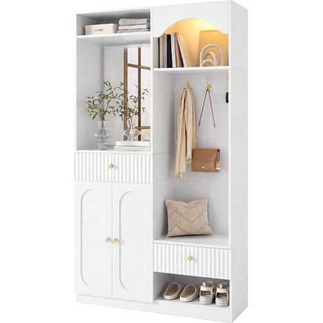Vestiaire d'entrée avec miroir banc patères et LED meuble chaussures MDF blanc 100 x 35 x 180 cm -PANGIVO (1/5)