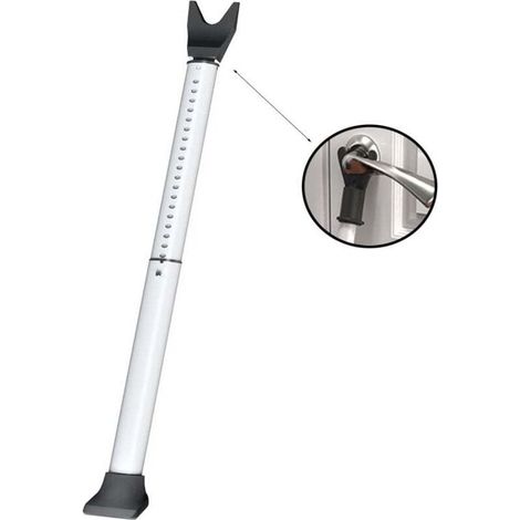 Barra di sicurezza antifurto con allarme, supporto retrattile bianco per porta, portata massima 180 kg, ideale per hotel e magazzini.