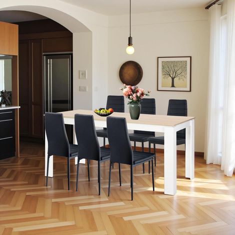 Essgruppe 6 Personen: Esstisch 160cm Eiche-Optik mit 6 Hochlehner Kunstlederstühlen Schwarz (1/5)