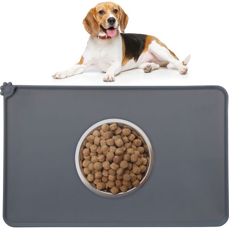 Relaxdays Tapis de gamelle, écuelles chats & chiens, antidérapant, étanche, support en silicone, 48,5x30 cm, gris foncé