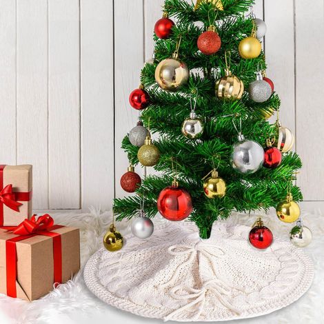 Tree Skirt - Knitted Cable Pattern - For Small And Pencil Christmas Trees - 46 X 46 Cm - Red And White - 1 Piece (1/5)