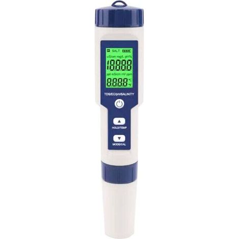 5-in-1 Digitaler Salztester – Analysiert pH-Wert, TDS, EC, Salzgehalt und Temperatur – IP67 wasserdicht für Schwimmbäder und Aquarien (1/5)