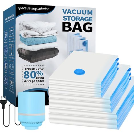 Sac Rangement Sous Vide Aspirateur, 10 Pièces (3 jumbo, 3L, 3S, 1 Pompe) sac sous vide vetement aspirateur avec pompe électrique, sac de rangement sous vide Voyages pour Vêtements, Couettes (1/5)