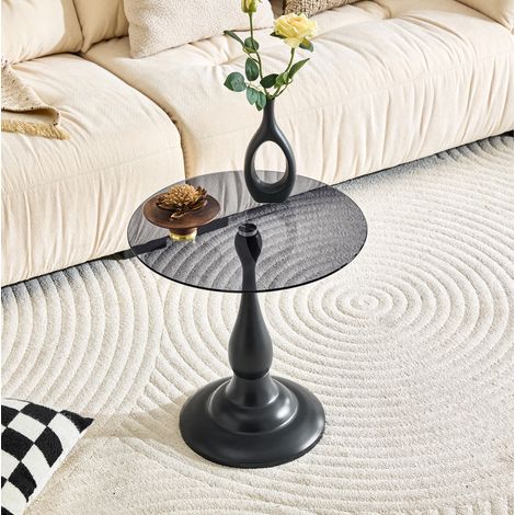 Mesa auxiliar redonda de vidrio y metal negro, 50 cm de diámetro, 51,5 cm de alto (1/5)