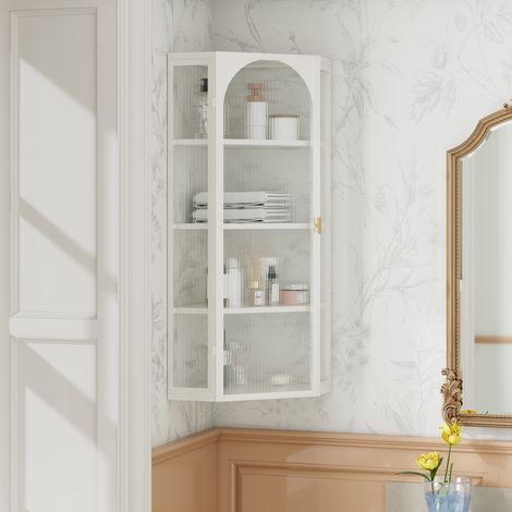 Mobile angolare a parete 4 ripiani 56x40x105 cm metallo/vetro temperato bianco OKWISH (1/5)
