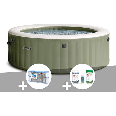 Kit spa gonflable Intex PureSpa Olive rond Bulles 4 places + 6 filtres + Kit de traitement brome