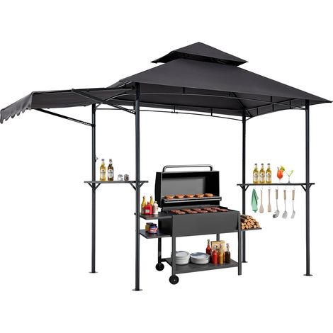 Gazebo de Barbecue, 243x150 cm, Tonnelle de BBQ Extérieur avec Auvent, Toit à 2 Niveaux, Abri de Barbecue Patio Acier Thermolaqué, pour Grillades, Fêtes, Pique-niques, Jardin, Terrasse, Patio (1/5)