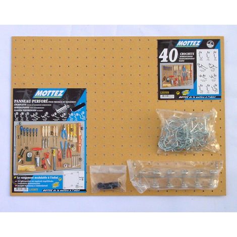 Mottez – Kit panneau perforé isorel avec 40 crochets universels – Distanceurs inclus – Barrette porte outils – B275F
