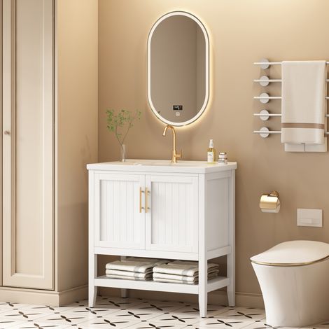 Modernluxe - Meuble de salle de bain avec une vasque en céramique - 2 portes - blanc(robinet non inclus) (1/5)
