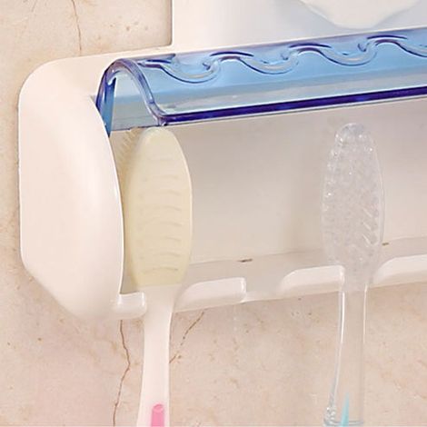 [Soporte para cepillos de dientes de pared con tapa] Organizador de baño, 5 cepillos de dientes, a prueba de polvo, ventosa fuerte, azul, ABS/PVC, capacidad de carga de 4 kg (1/5)