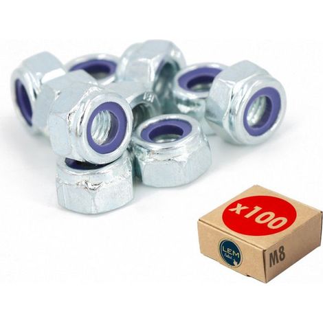 Lot de 100 - Écrou frein autobloquant hexagonal M8 avec nylon DIN 985 classe 8 zingué (1/2)