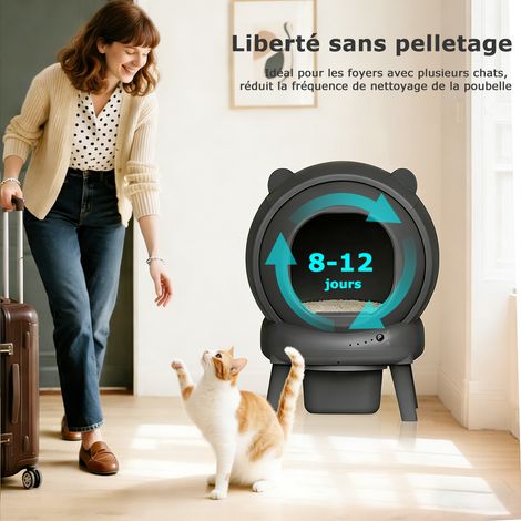 Litière chat autonettoyante capacité maximale de 65l, bac à litière pour chat alerte intelligente via contrôle app, surveillance santé, capteur infrarouge, adapté à de nombreux types de litière