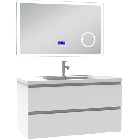 Acezanble ensemble meuble 100 cm blanc avec 2 tiroirs à fermeture automatique, lavabo céramique simple + miroir salle de bain Bluetooth tricolore, suspendu (1/5)