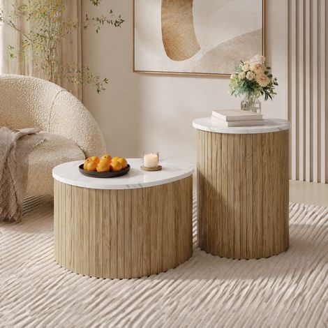 Mesa de centro de 2 piezas (60x37x38 cm), diseño curvo, estilo nórdico, MDF natural y blanco (1/5)