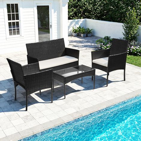 Randaco Polyrattan Sitzgruppe 4-teilig für Balkon und Terrasse mit Sofa, 2 Stühlen, Tisch und Sitzkissen, Schwarz (1/5)