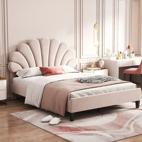 Lit double 140x200 beige - Tête de lit fleur velours peau de pêche, sommier à lattes inclus, pour adulte et adolescent(sans Matelas) (1/5)