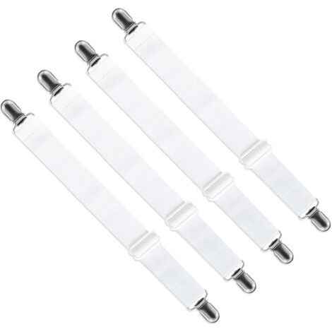 Tendeur Drap Housse Réglable (65cm à 200cm), Fixation Attache Sangle de Maintien Ajustable pour Drap Lit, Canapé, Housse de Repassage (Blanc, Lot de 4)