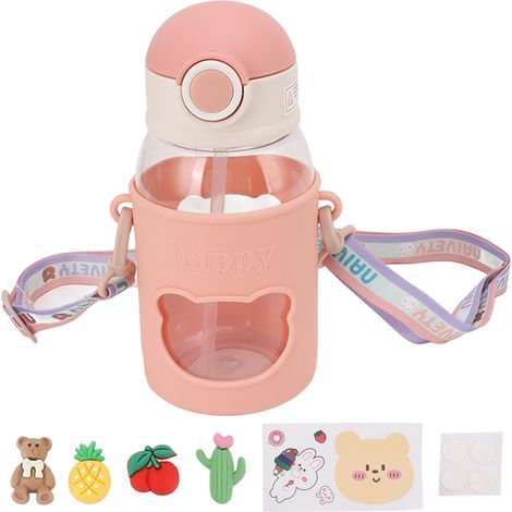 Gourde à paille portable et étanche avec autocollant rose, idéale pour les pique-niques à la maison. (1/5)