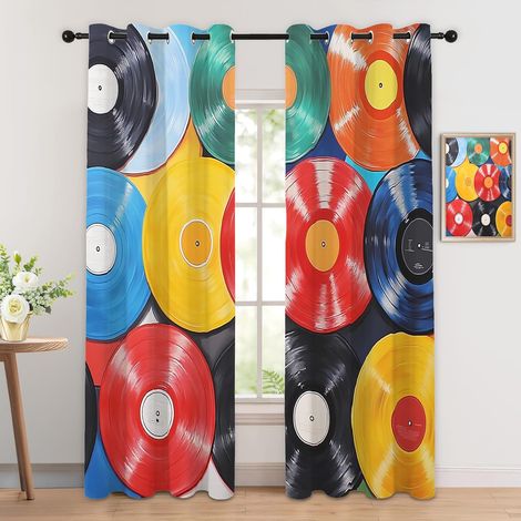 Rideau Occultant Musique - Décoration Musique, Rideau Thermique Motif Disque Vinyle Rétro, Lot de 2 Rideaux Opaque à Oeillets pour Fenetre Chambre Salon Chambre Enfant, 140x160 cm (LxH) - 2x L 140 X H (1/5)