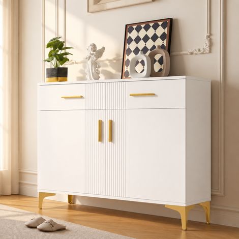 Aparador de 2 puertas y 2 cajones 80 x 35 x 79,5 cm blanco con tiradores y patas metálicas HAVRYA (1/5)