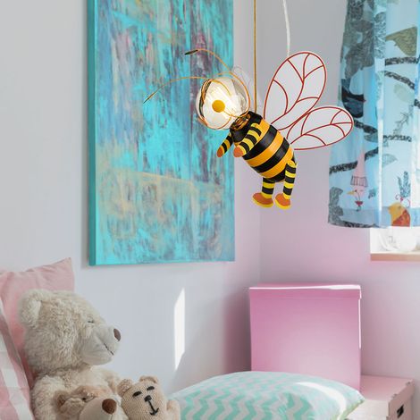 Hängelampe Kinderzimmer Pendelleuchte Biene LED Schlafzimmerlampe Junge Mädchen, Metall schwarz gelb, LED 7W 700lm 2700K warmweiß, LxBxH 36x25x120 cm
