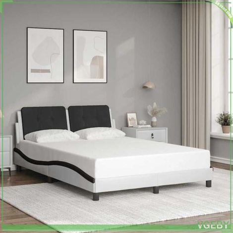 Cadre de lit avec tête de lit - Zadar - 140x190 cm - Similicuir blanc et noir - Design latéral ondulé (1/5)