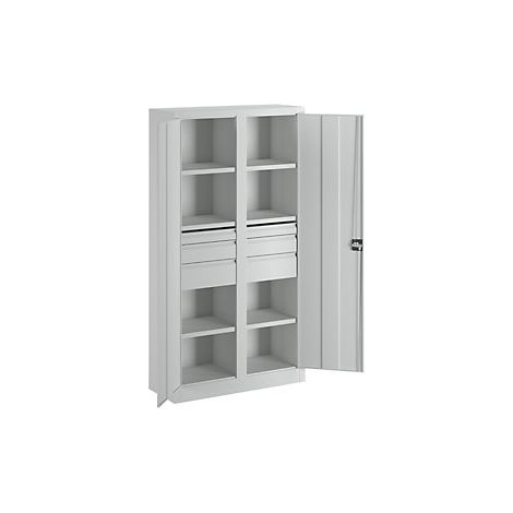 Schwerlastschrank, Vollblechtüren, mit Trennwand, 6 beschichtete Böden, Schubl.: 2x75, 2x125, 2x175 mm, BxTxH 1040x630x1950 mm, RAL 7035 (1/3)