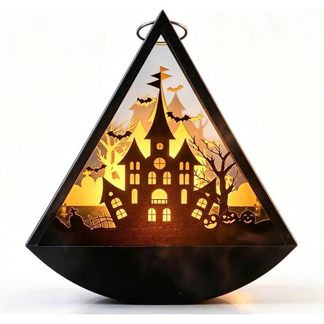 Lampe déco Halloween style lanterne portable 12x6,1x13cm, motifs manoir hanté et tombes, éclairage ambiance festive, décoration intérieure soirée,piles non fournies (1/4)