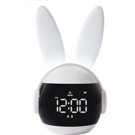 Réveils Lumineux pour Enfants , veilleuses de Lapin , 90 Jours d'autonomie en Veille, Facile à configurer, 6 sonneries, répétition, Rechargeable, Horloge d'entraînement au Sommeil (Blanc) (1/5)