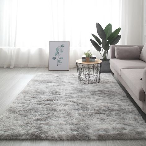 Tapis à poils longs - moquette - tapis de salon - tapis 160x230 - tapis peluche tie-dye - fibres de polyester - blanc-gris (1/5)