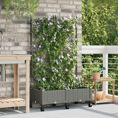 vidaXL Jardinera con enrejado y ruedas 2 uds. Gris Claro PP (1/5)