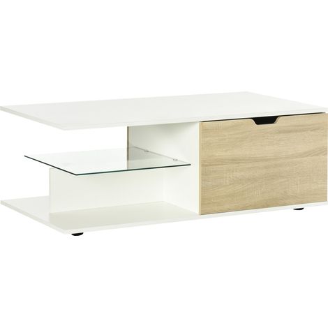 Moderner rechteckiger Couchtisch mit 2 Schubladen, 2 Ablagefächern, Ablagefläche aus gehärtetem Glas und weißen Paneelen in heller Eichenoptik