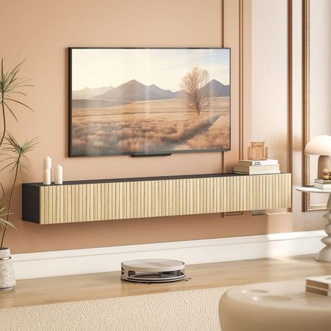 Meuble TV suspendu 140cm, meuble télé pour téléviseur 72 pouces, 2 portes rabattables, 140x25x22cm, bois naturel et noir (1/5)