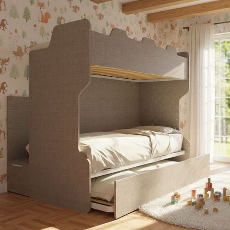 Letto a castello con scala contenitore e terzo letto estraibile - Cameretta salvaspazio - Grigio fumo