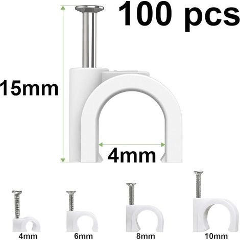 100 Pièces Cavalier Cable Electrique,Fixation Cable Electrique,Attache Fil Electrique,Attache Cable Mural,Clips de Cable,avec Clou en Acier,pour Fixation de Câble,Blanc (4mm) (1/5)