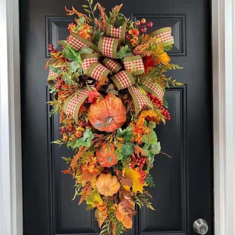 Guirlande Automne - Feuilles D'érable Artificielles Citrouille Baies - Décoration Porte Intérieure Extérieure - Diamètre 40 cm - 1 Pièce (1/5)