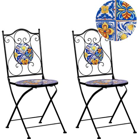 Conjunto de 2 sillas de exterior de metal de estilo vintage motivo mosaico plegable estructura de hierro negro Coriano (1/5)