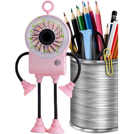 Mini ventilateur 2-en-1 (bureau + nomade) – Fixation par ventouses (ne glisse pas) – Bras orientables – LED annulaire – Pour maison, bureau, pique-nique, camping, étude – Look robot futuriste (1/4)