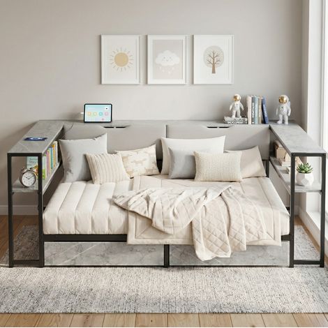 Sofá cama gris de MDF y metal de 140x200 cm con puertos USB/Tipo-C, 2 cajones, almacenamiento integrado y base de láminas. (1/5)