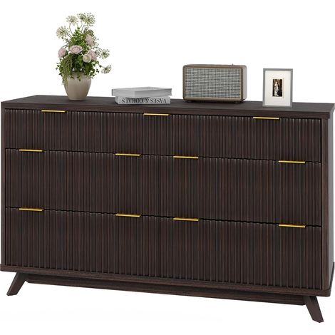 Commode moderne à façade cannelée et courbée style mid-century, 7 grands tiroirs, meuble de rangement pour chambre, salon et couloir, finition noyer noir (1/5)