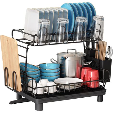 Stainless Steel Dish Draining Board with 2 Levels Kitchen Dish Drainer with Utensil Holder, Black Large Dish Drying Rack Storage Dish with Automatic Draining (1/5)