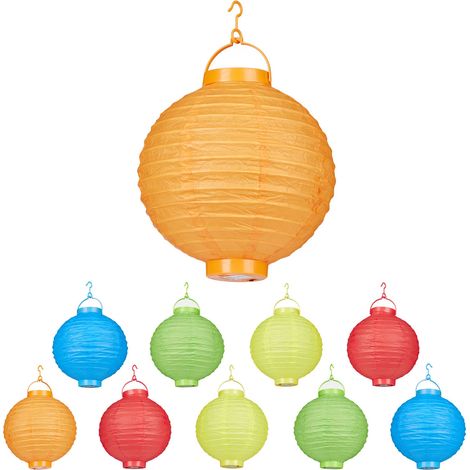 Relaxdays Colourful LED Lampions, 10-Piece Set, Battery-Powered, Indoor & Outdoor, Hangable, Paper Lantern, Ø 20 cm, Colourful (1/5)