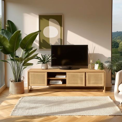 AMY - Meuble TV 3 portes 2 niches L180cm en bois de mindi et rotin naturel (1/5)