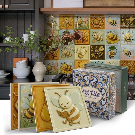 Fuleadture Lot de 12 carreaux adhésifs pour crédence motif abeille mignonne–Stickers muraux 3D auto-adhésifs en forme d'abeille de dessin animé pour décoration de cuisine–Carreaux en vinyle amovibles( (1/5)