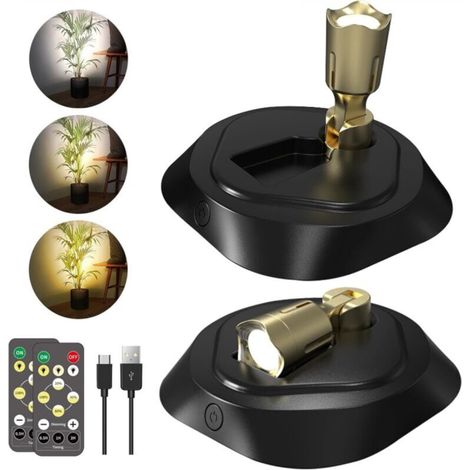 2 sets of wireless tri-color LED spotlights with remote control, timer, rechargeable, dimmable, black (1/5)