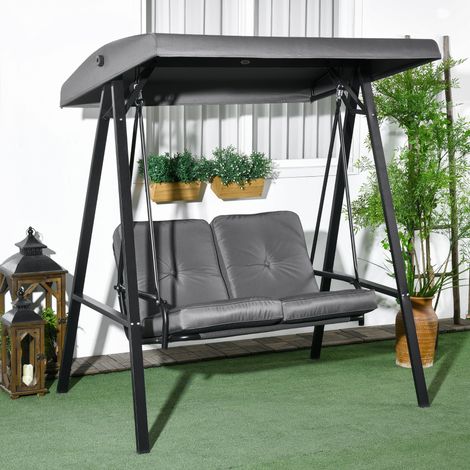Balancelle double Hollywood gris foncé avec auvent inclinable, coussins inclus, banc suspendu pour extérieur jusqu’à 220 kg, jardin ou balcon, 145x116x172 cm (1/4)