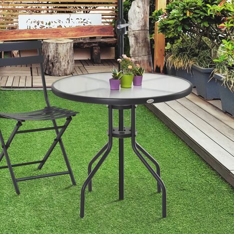 Runder Bistro-Gartentisch von Outsunny, Maße: Ø 80 x 72 cm (Höhe). Inklusive Sonnenschirm zur einfachen Montage. Schwarzes, epoxidbeschichtetes Stahlgestell und Tischplatte aus gehärtetem Glas.