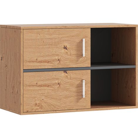 HOMCOM mueble auxiliar de baño armario de baño de pared con compartimentos abiertos y 2 puertas mueble de baño moderno 80x35x57,5 cm natural (1/5)