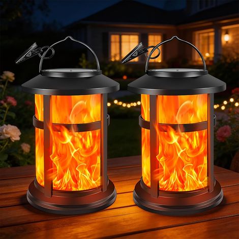 Solarlaterne – 2er-Set – ABS-Kunststoff – Flammeneffekt – Garten, Terrasse, Balkon – IP65 (1/5)